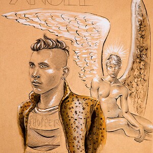 May include: Illustration of a person with a mohawk and a leopard print jacket, with the word "ANGEL" above. The person is wearing a shirt that says "SHOPPER" and "PUNKS AND SKINS". A second figure with angel wings is in the background.