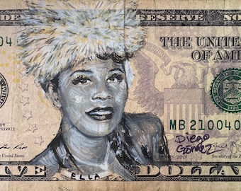 Ella Fitzgerald a tisket a tasket cry me a river summertime American currency I got 5 on it dollar money bill painting Pop art