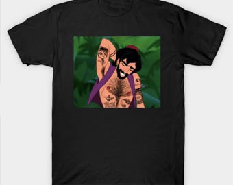 Aladdin T-Shirt Sexy bearded & tattooed Disney prince Arabian Nights gay cartoon hairy chest dream daddy genie lamp flying carpet Abu monkey