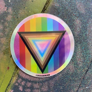 May include: A round sticker with a rainbow background and a brown triangle with a smaller pink triangle inside. The sticker has the text "@DESIGNNURD" at the bottom.