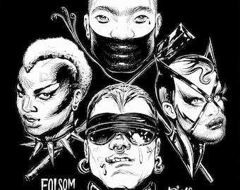 Folsom Street Fair PRINT, poster kink drag queen masked cyclops storm chamber X-men cat woman catwoman spike collar collared gagged facekini