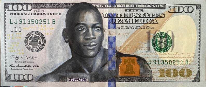 Jack Johnson PRINT American currency I got 5 on it dollar money dollar bill painting Pop art fight of the century boxer image 1