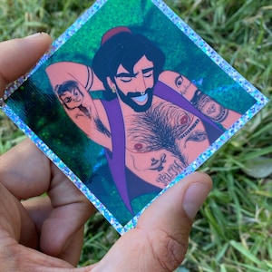 Adesivo olografico di papà Aladdin Sexy barbuto tatuato Principe Disney Arabian Nights cartone animato gay petto peloso sogno genio della lampada tappeto volante