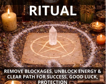 May include: An image featuring a spiritual ritual setup with candles, crystals, and a pentagram. Text reads "ROAD OPENER RITUAL" and lists benefits like removing blockages and protection. The scene is dimly lit, creating an atmosphere of mystery.