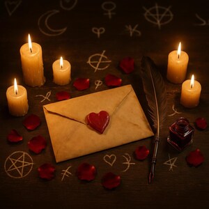 May include: A still life arrangement featuring lit candles, a sealed envelope with a heart-shaped wax seal, red rose petals, a quill pen, and an inkwell. The scene is set on a dark wooden surface with chalk-drawn symbols.