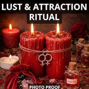 May include: A collection of items for a ritual, including red candles, a velvet pouch, and small glass bottles. The image has the text "INTENSE LUST & ATTRACTION RITUAL", "PHOTO PROOF", and "FAST RESULT". A rose and a small candle are also visible.