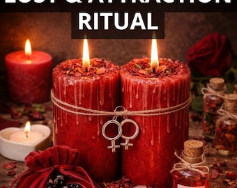May include: A still life featuring red candles, a velvet pouch, and small glass bottles. The image includes the text "INTENSE LUST & ATTRACTION RITUAL", "PHOTO PROOF", and "FAST RESULT". A rose and a small candle are also visible.