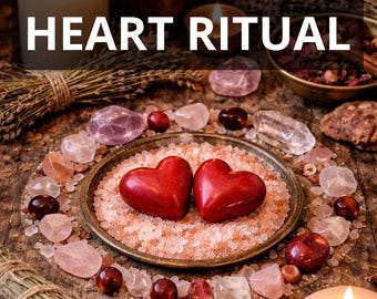 May include: A still life arrangement with lit candles, crystals, and two red heart-shaped stones on a wooden surface. The text "OPEN HIS HEART RITUAL" is displayed, along with "PHOTO PROOF" and "FAST RESULT".