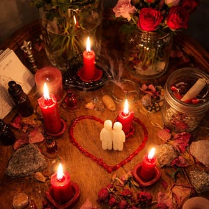May include: A romantic still life featuring red roses in glass jars, lit candles, and a heart-shaped arrangement with two figures. Dried rose petals and crystals are scattered on a wooden surface, creating a warm, inviting atmosphere.