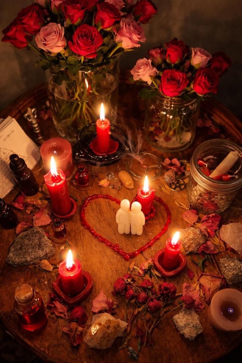May include: A romantic still life featuring red roses in glass jars, lit candles, and a heart-shaped arrangement with two figures. Dried rose petals and crystals are scattered on a wooden surface, creating a warm, inviting atmosphere.