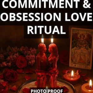 May include: A romantic scene featuring a red candle shaped like two figures embracing, with flames lit. The text "COMMITMENT & OBSESSION LOVE RITUAL" is displayed above, with "PHOTO PROOF FAST RESULT" below. Roses and candles surround the central candle.