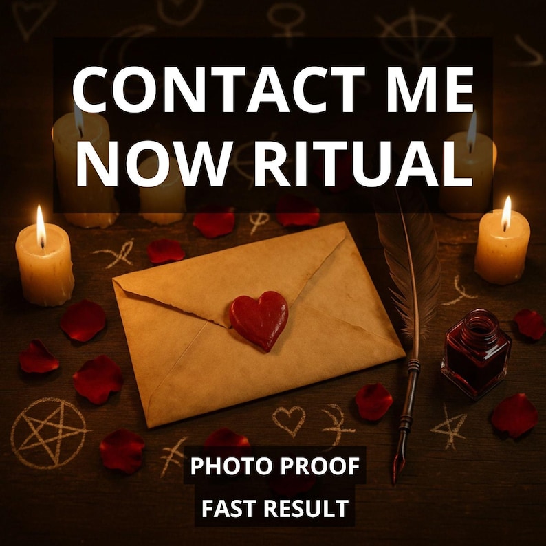 May include: An image featuring a lit candle, an envelope sealed with a red heart, and a quill pen. The text "CONTACT ME NOW RITUAL" is displayed at the top, with "PHOTO PROOF FAST RESULT" at the bottom. Red rose petals are scattered around.