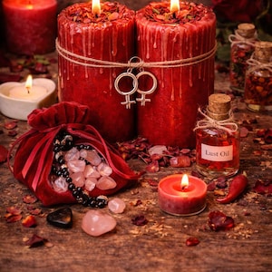 May include: A still life arrangement featuring lit red candles, a velvet pouch filled with crystals, and a small bottle labeled "Lust Oil." The scene includes rose petals, a red chili pepper, and a decorative charm.