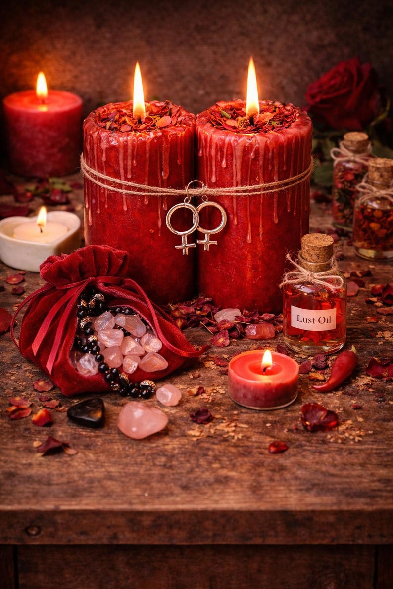 May include: A still life arrangement featuring lit red candles, a velvet pouch filled with crystals, and a small bottle labeled "Lust Oil." The scene includes rose petals, a red chili pepper, and a decorative charm.