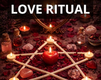 May include: A love ritual arrangement with a pentagram made of white sticks, surrounded by red rose petals and lit candles. The image includes the text "EXTREME LOVE RITUAL", "PHOTO PROOF", and "FAST RESULT".