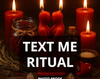 May include: A still life arrangement featuring red candles of varying sizes, including two candles shaped as embracing figures. A glass jar with red contents, crystals, and the text "TEXT ME RITUAL" are also present. The image has a dark, moody aesthetic.