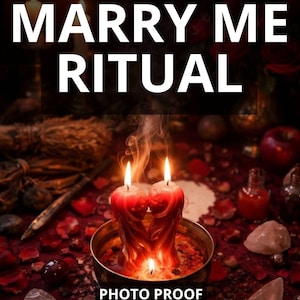 May include: Image of a ritual with two red heart-shaped candles burning in a gold bowl, surrounded by rose petals and other ritual items. The text "MARRY ME RITUAL" is displayed above the candles, with "PHOTO PROOF" and "FAST RESULT" below.