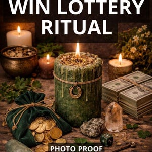 May include: An image featuring a green candle with a lit flame, surrounded by other candles, a velvet bag of coins, stacks of money, and a crystal. The text "WIN LOTTERY RITUAL" is at the top, with "PHOTO PROOF" and "FAST RESULT" at the bottom.