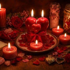 May include: Romantic still life featuring lit red candles, roses, and heart-shaped accents. The scene includes a central arrangement of apple-shaped candles, a glass jar filled with flowers, and scattered rose petals, creating a warm, inviting ambiance.