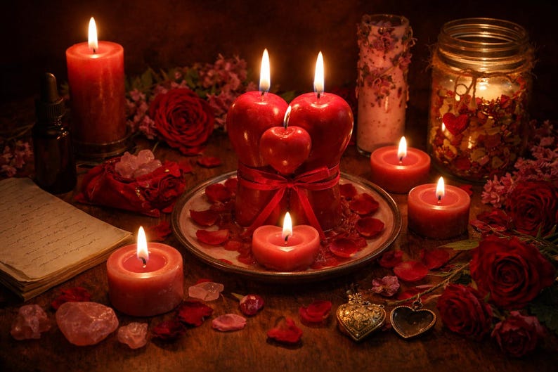 May include: Romantic still life featuring lit red candles, roses, and heart-shaped accents. The scene includes a central arrangement of apple-shaped candles, a glass jar filled with flowers, and scattered rose petals, creating a warm, inviting ambiance.