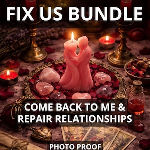 Puede incluir: Una escena iluminada con velas con el texto "FIX US BUNDLE" y "COME BACK TO ME & REPAIR RELATIONSHIPS". La imagen presenta una vela rosa con forma de figuras abrazadas, cristales y cartas del tarot, sugiriendo un tema espiritual.
