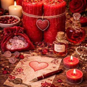Puede incluir: Naturaleza muerta rom&aacute;ntica con velas rojas encendidas, un colgante en forma de coraz&oacute;n y una bolsa de terciopelo llena de cristales. Tambi&eacute;n hay una nota manuscrita con un dibujo de coraz&oacute;n, un bol&iacute;grafo y una llave.