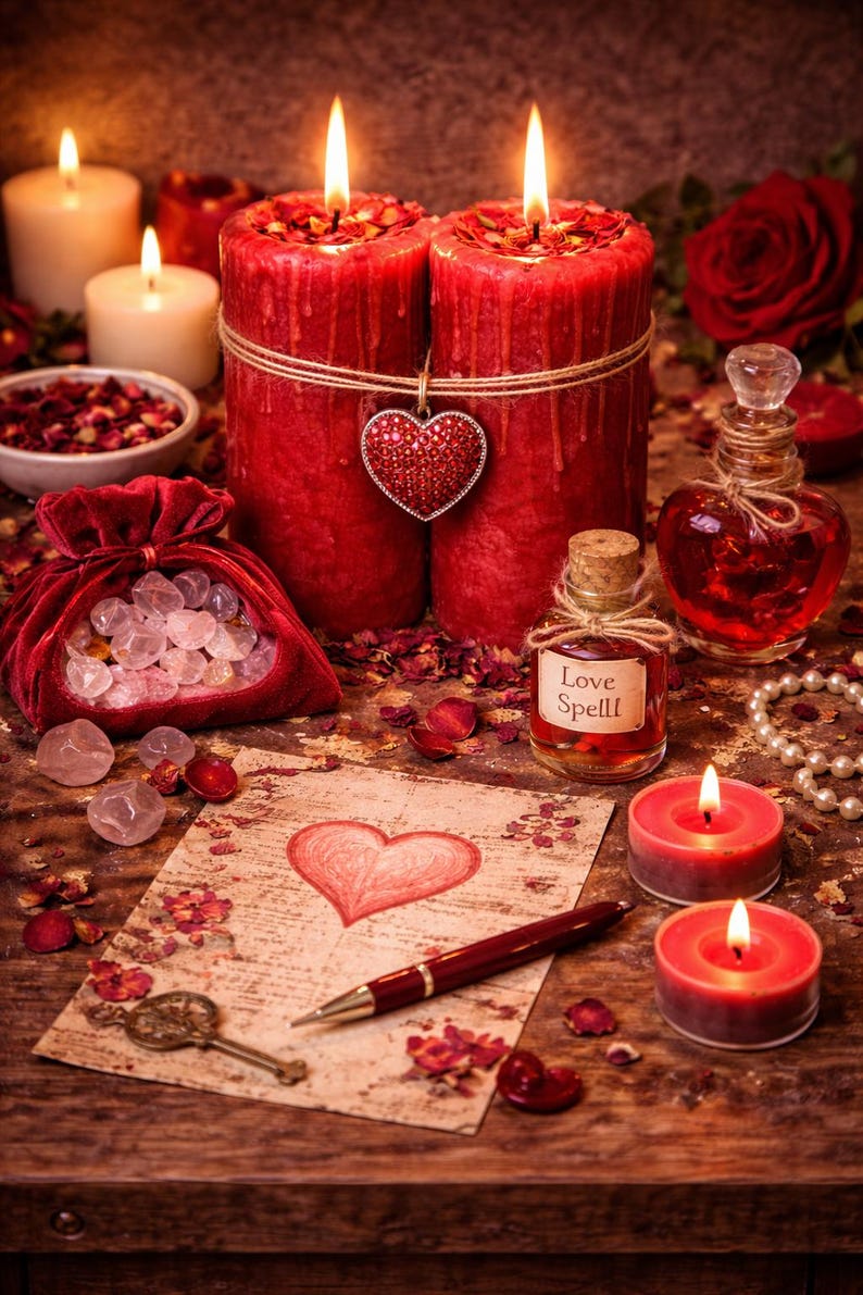 Puede incluir: Naturaleza muerta rom&aacute;ntica con velas rojas encendidas, un colgante en forma de coraz&oacute;n y una bolsa de terciopelo llena de cristales. Tambi&eacute;n hay una nota manuscrita con un dibujo de coraz&oacute;n, un bol&iacute;grafo y una llave.