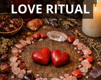 May include: An arrangement for a love ritual, featuring two red heart-shaped stones, surrounded by pink and clear crystals, dried flowers, and candles. The text "ATTRACT NEW LOVE RITUAL" is displayed at the top, with "PHOTO PROOF" and "FAST RESULT" at the bottom.