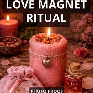 Op de afbeelding: Een brandende roze kaars met een hartvormige bedel, omringd door andere kaarsen, een kleine zak met kristallen en een flesje vloeistof met bloemen. De tekst luidt "LOVE MAGNET RITUAL", "PHOTO PROOF" en "FAST RESULT".