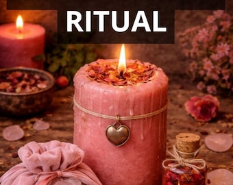 May include: A lit pink candle with a heart charm, surrounded by other candles, a small bag of crystals, and a bottle of liquid with flowers. The text reads "LOVE MAGNET RITUAL", "PHOTO PROOF", and "FAST RESULT".