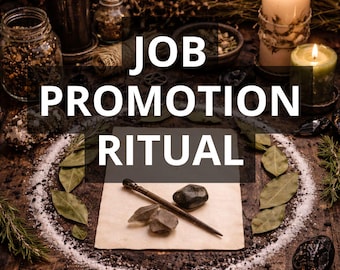 May include: An arrangement for a job promotion ritual, featuring candles, herbs, and stones on a wooden surface. The text "JOB PROMOTION RITUAL" is prominently displayed, along with "PHOTO PROOF" and "FAST RESULT".