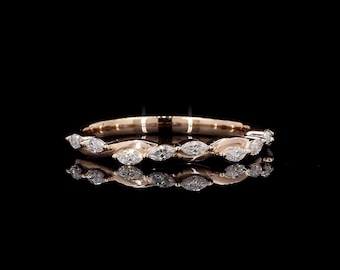 Alianza de boda con diamante marquesa, anillo nupcial de oro de 14 quilates