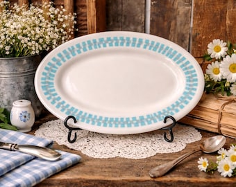 Vintage Shenango China Oval Platter: Turquoise Checkered Border Serving Dish
