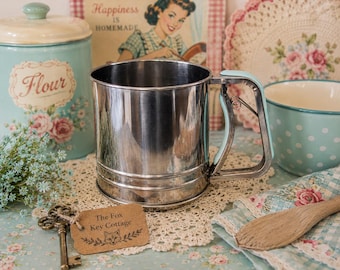 Vintage Stainless Steel Flour Sifter with Aqua Handle | Retro Baking Tool | Farmhouse Kitchen Decor | Working Sifter