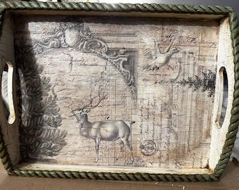 Rustic Wooden Tray: Buck & Pine Tree, French Country Decor