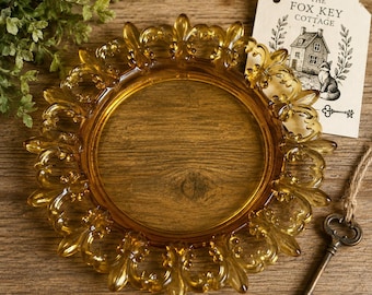 Vintage Amber Glass Fleur De Lis Plate, 8 Inch Decorative Dish