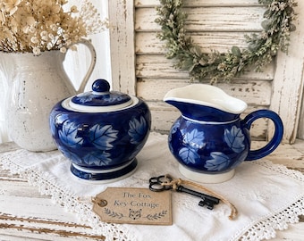 Vintage DesignPac Cobalt Blue Leaf Cream & Sugar Set | Blue Transferware Style Sugar Bowl with Lid and Creamer | Cottagecore Farmhouse Decor