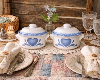 Vintage Blue Heart Mini Casserole Dishes Set of 2, Lidded Stoneware Kitchen Decor