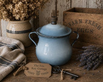 Vintage Blue Enamel Pot with Lid | Rustic Farmhouse Decor | Primitive Country Cottage Accent | Enamelware Storage Vessel