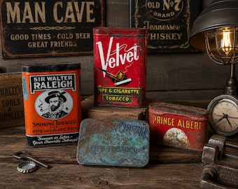 Vintage Tobacco Tin Collection | Sir Walter Raleigh, Velvet & Prince Albert Tins | Rustic Americana Advertising Decor ~ Individual or lot