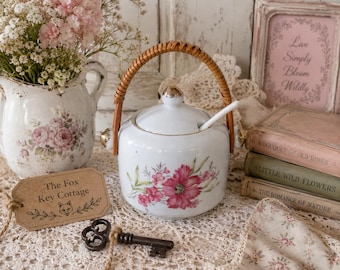 Vintage Floral Porcelain Sugar Bowl with Lid, Spoon & Wicker Handle | Cottagecore Kitchen Decor | Pink Floral China Container