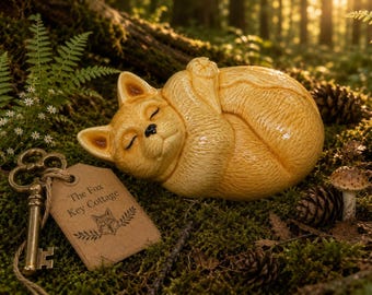 Vintage Sleeping Fox Ceramic Figurine | Cottagecore Woodland Decor | Cozy Curled Fox Shelf Sitter