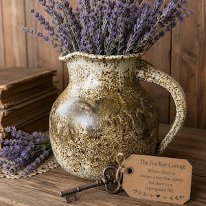 May include: A ceramic pitcher with a speckled brown and cream glaze filled with purple lavender sprigs. A metal skeleton key is attached to a brown paper tag with the text: The Fox Key Cottage, Where there is always a key that opens the door to a repurposed life.