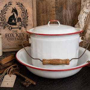 Vintage Enamelware Chamber Pot and Wash Basin Set | White Enamel with Red Trim | Primitive Farmhouse Decor | Rustic Cottage Laundry Room