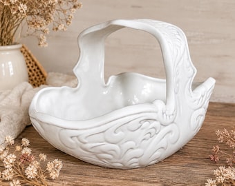 Vintage White Ceramic Basket Planter: Embossed Scroll Handle, Cottagecore Farmhouse Decor