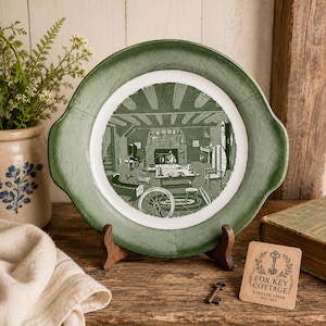 Vintage 1950s Royal China Colonial Homestead Green Transferware Platter | 12 Inch Handled Serving Plate | Fireplace Hearth Scene