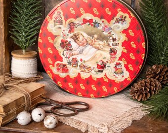 Vintage Christmas Tin: Retro Holiday Cookie Tin, Music Sheet Wreath Design