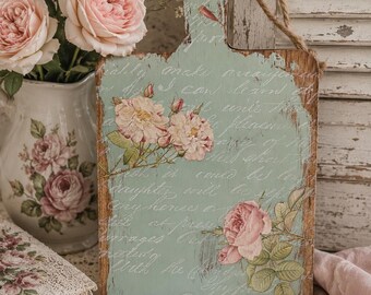 Upcycled Floral Cottage Board Wall Decor | Shabby Chic Rose Plaque | French Country Hanging Accent | Cottagecore Floral Sign