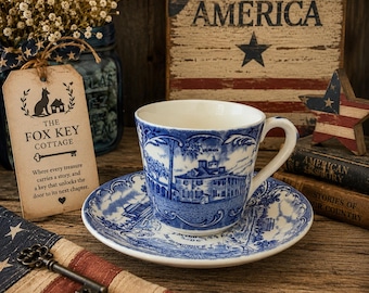 Vintage Adams England Washington D.C. Blue Transferware Tea Cup & Saucer Set