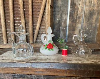 Vintage Hand Painted Rose Glass Cruets: Set of 3 Oil Vinegar Bottles – Farmhouse Decor
